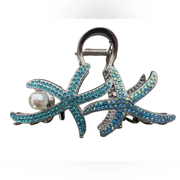Blue Rhinestone Starfish Hair Claw Clip Pearl Beach Coastal Hair Accessory - Picture 1 of 6